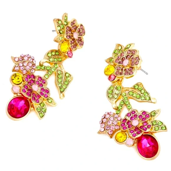 Leaf & Flower Stud Dangle Earrings Shiny Mixed Color Crystal - Picture 2 of 4